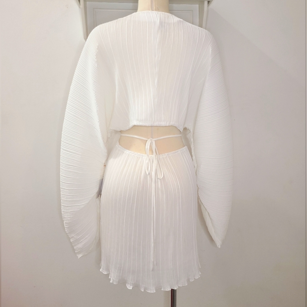 GOOD AMERICAN Mini Dress Always Fits Plisse Cut-out Waist Ivory Sz S-M NWT - Picture 5 of 10